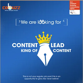 Employer-brand hiring post for a content lead with a fountain-pen crown illustration