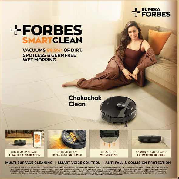Robotic vacuum and wet-mopping product creative with feature callouts