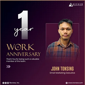 Employee work-anniversary creative with portrait and bold one-year numeral